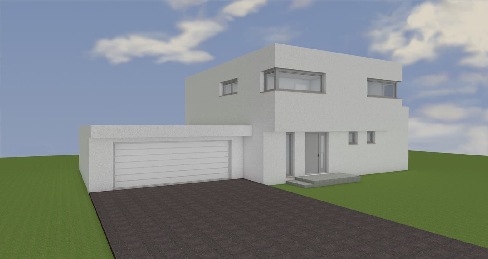 Minimalistische Design-Villa mit großflächigen Glasfronten und schwebendem Obergeschoss