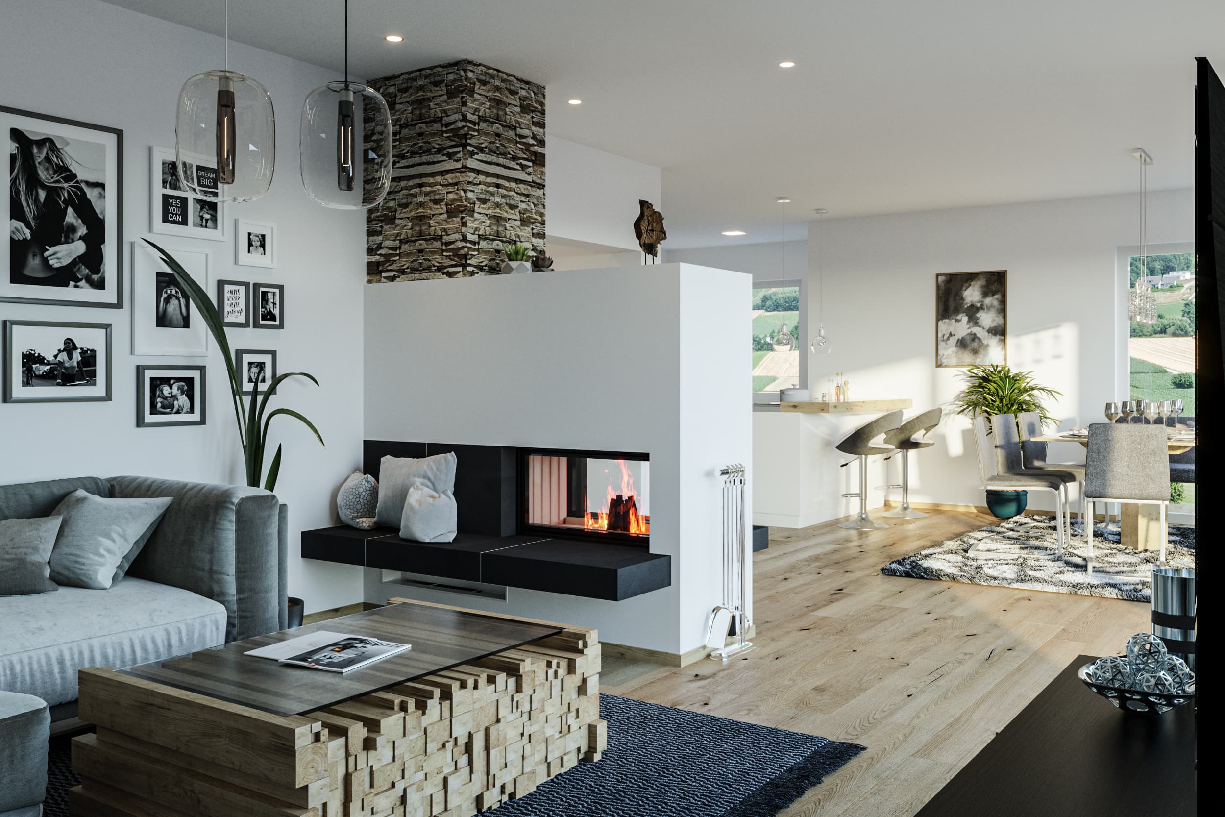Moderne Wohnraumästhetik: Stilvoller Kamin als zentraler Mittelpunkt im offenen Wohnkonzept
