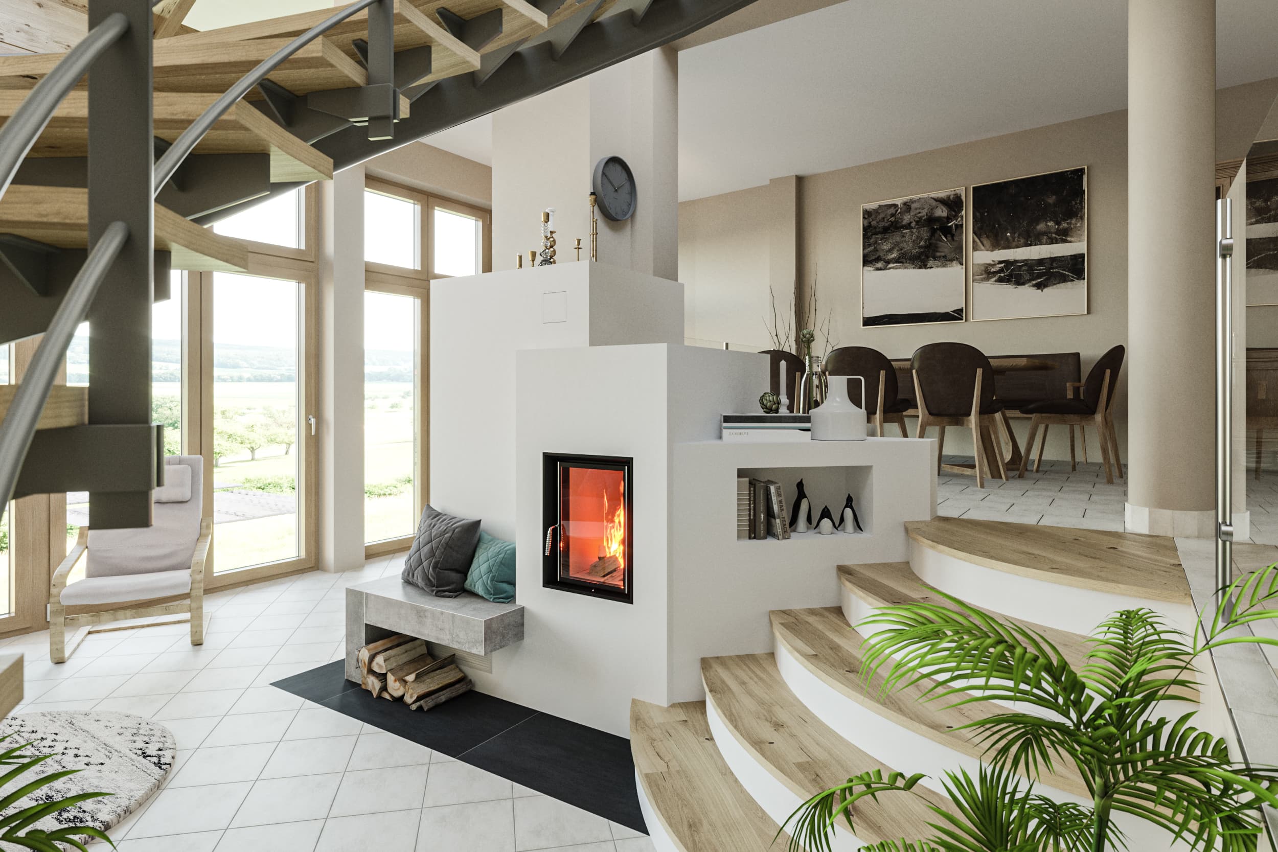 Architektonisches Meisterwerk: Moderner Kachelofen mit Sitzbank in luftigem Wohnraum