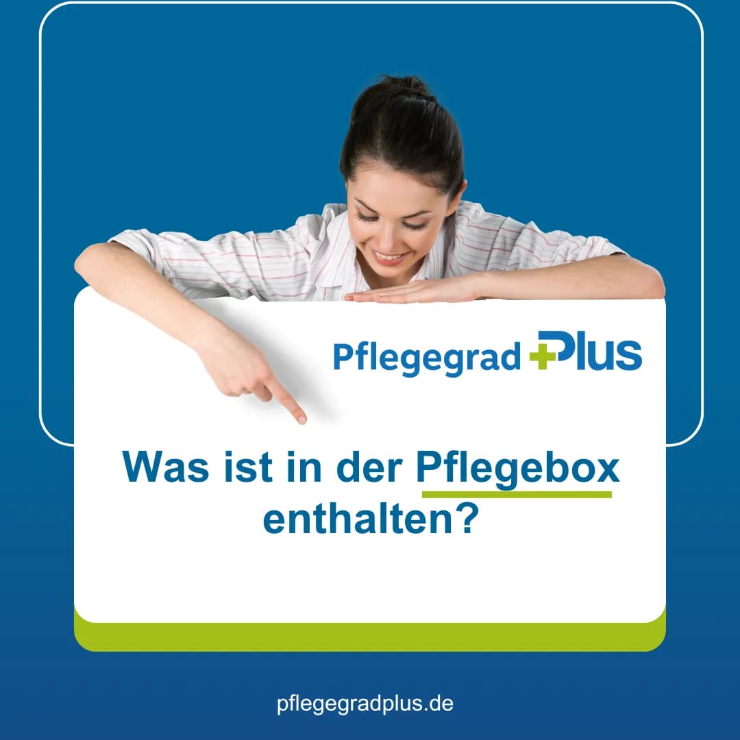 Pflegebox geöffnet auf dem Tisch – enthalten sind Handschuhe, Desinfektion, Bettschutzeinlagen und Schutzschürzen für die häusliche Pflege