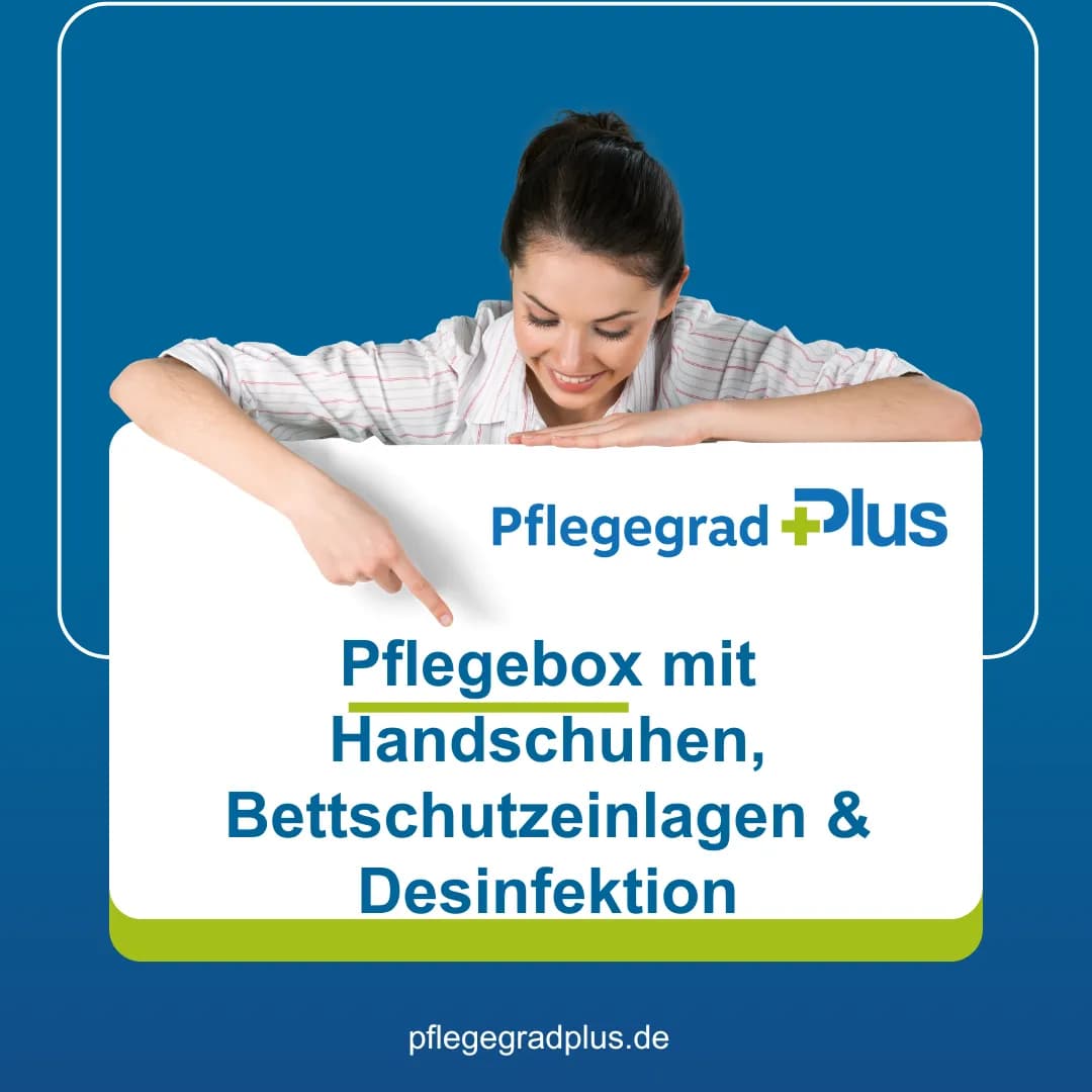 Pflegebox mit Einmalhandschuhen, Bettschutzeinlagen und Desinfektionsmittel – zusammengestellt für den häuslichen Pflegebedarf, kostenlos bei Pflegegrad 1