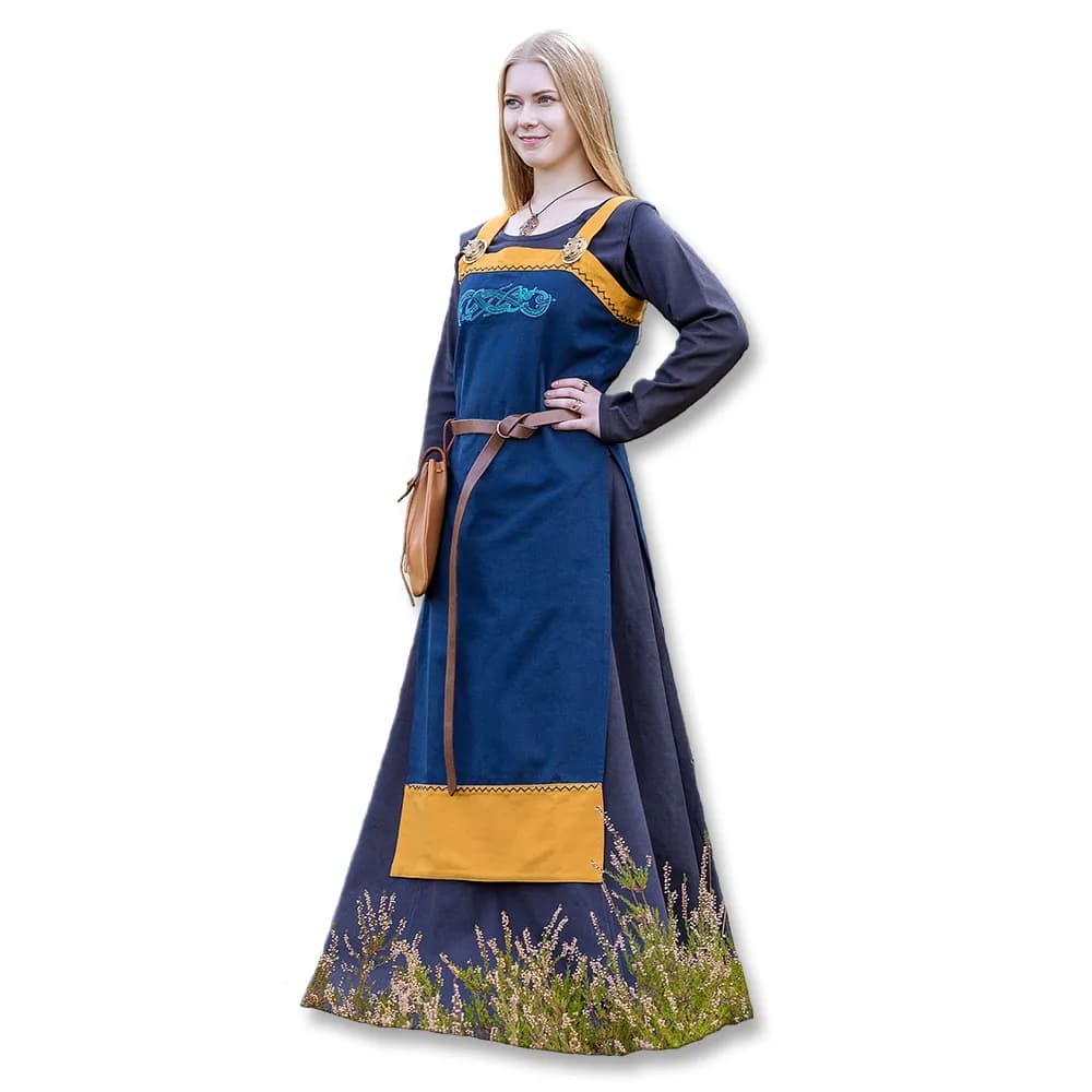 Wikinger Schürzenkleid mit Stickerei, blau / senfgelb
