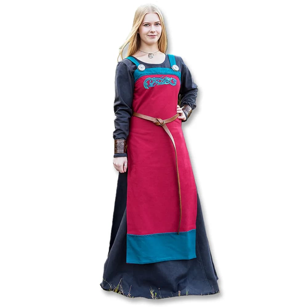 Wikinger Schürzenkleid mit Stickerei, rot / petrol